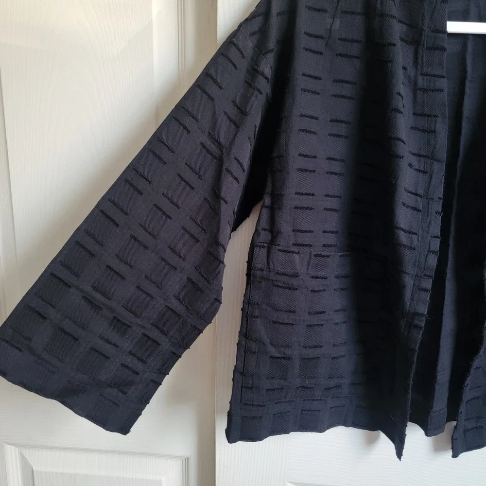 EILEEN FISHER Black Organic Cotton Textured Kimono Jacket 3/4‎ Sleeve Open Front